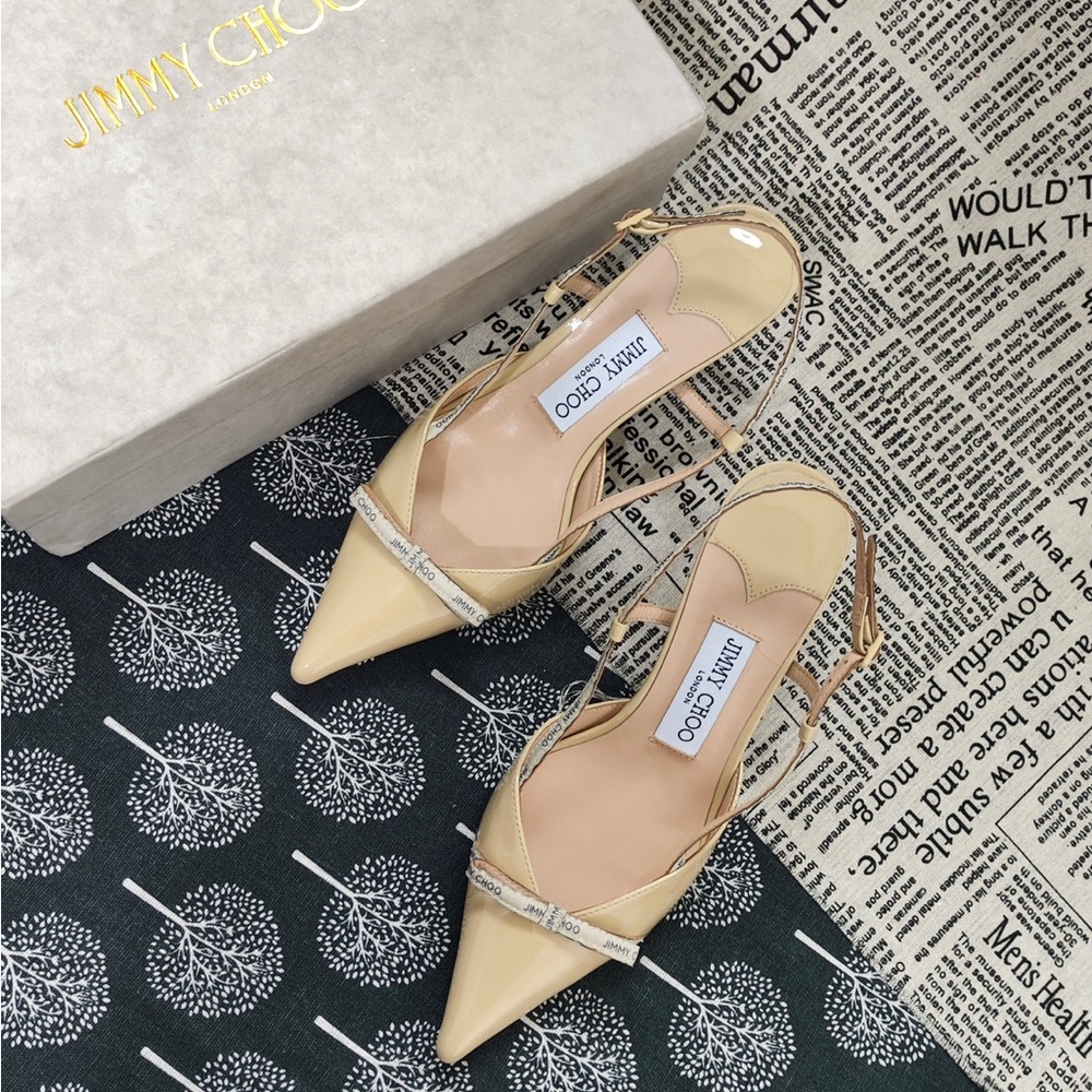 Jimmy Choo Pale Yellow Patent Pointed Slingbacks with Crystal Strap